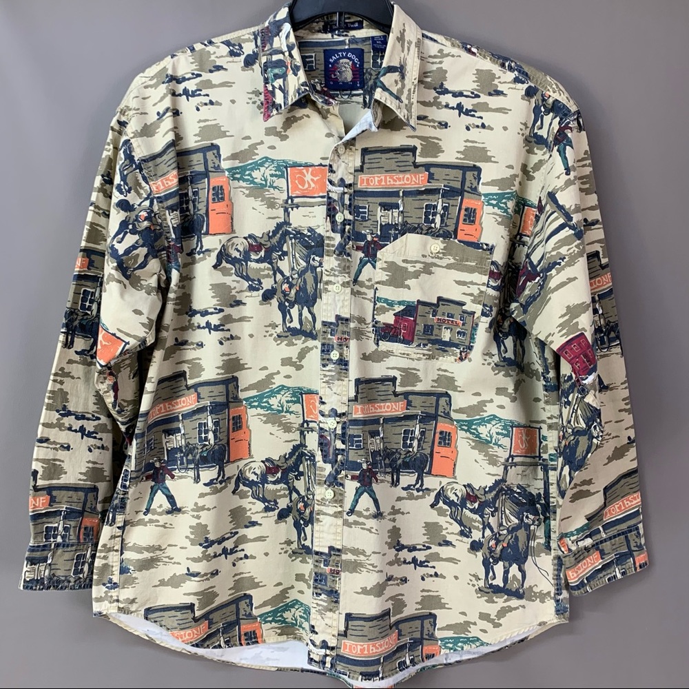 Salty Dog Tapper Twill Tombstone Old West Scene 100% Cotton Shirt Size XL